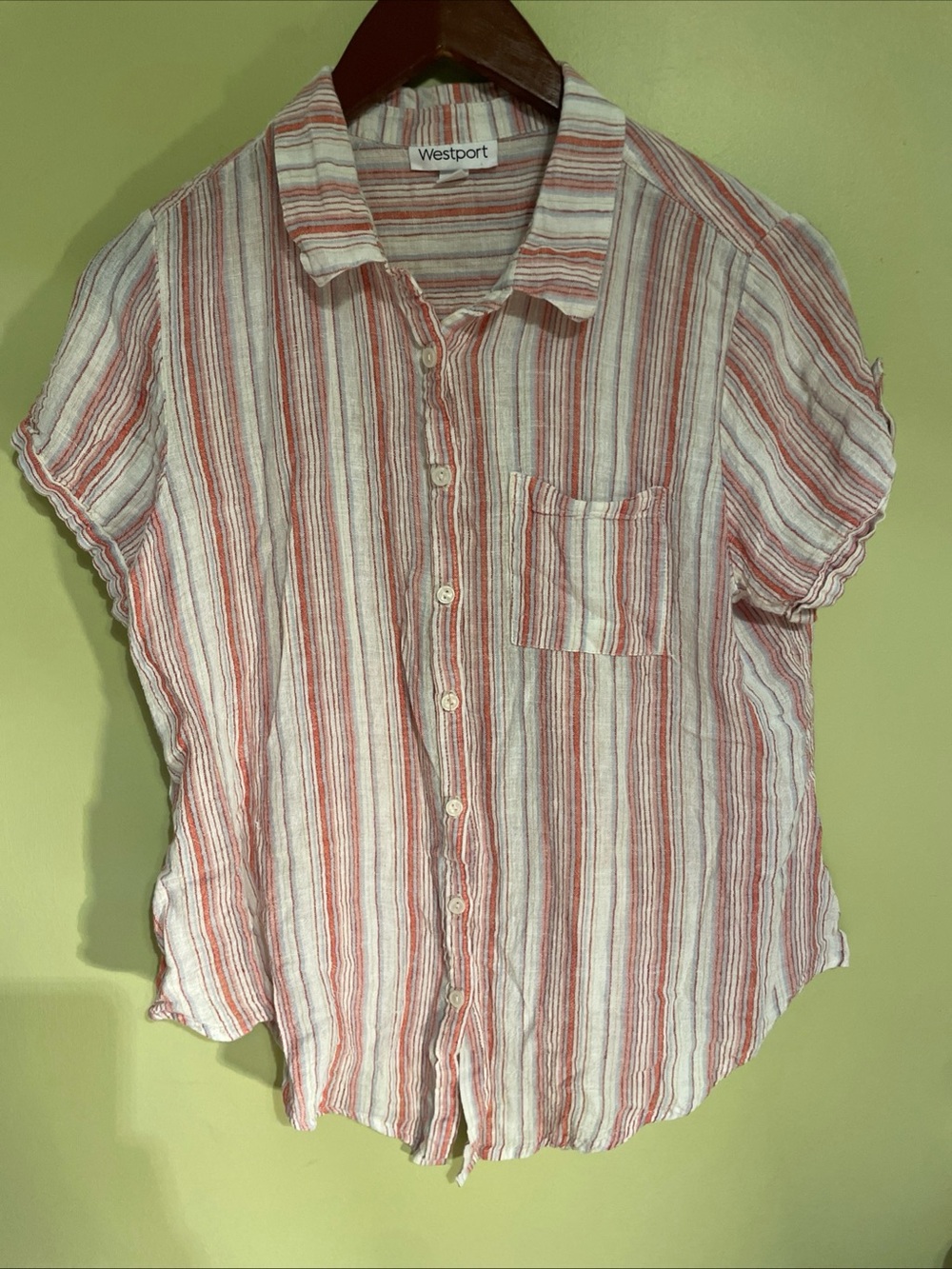 Westport White and Coral Striped Button-Up Top Sz LG